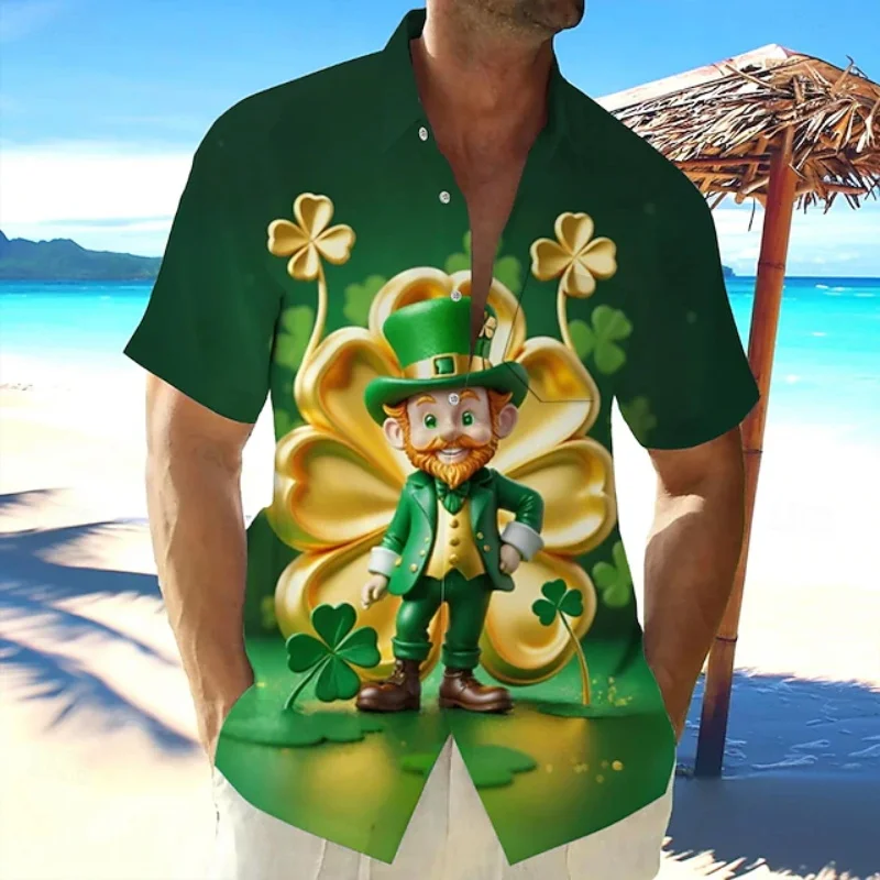 

Рубашка в стиле кэжуал с изображением четырехлистного клевера ко Дню святого Патрика для мужчин и женщин, повседневная, для выхода в свет, с отложным воротником, с короткими рукавами, гавайская рубашка