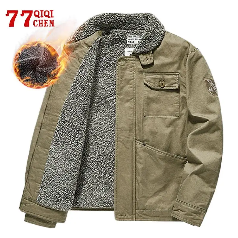 

Mens Cotton Bomber Jacket Vintage Amikaki Multiple Pockets Berber Fleece Coat Winter Casual Turndown Collar Thick Jackets Male