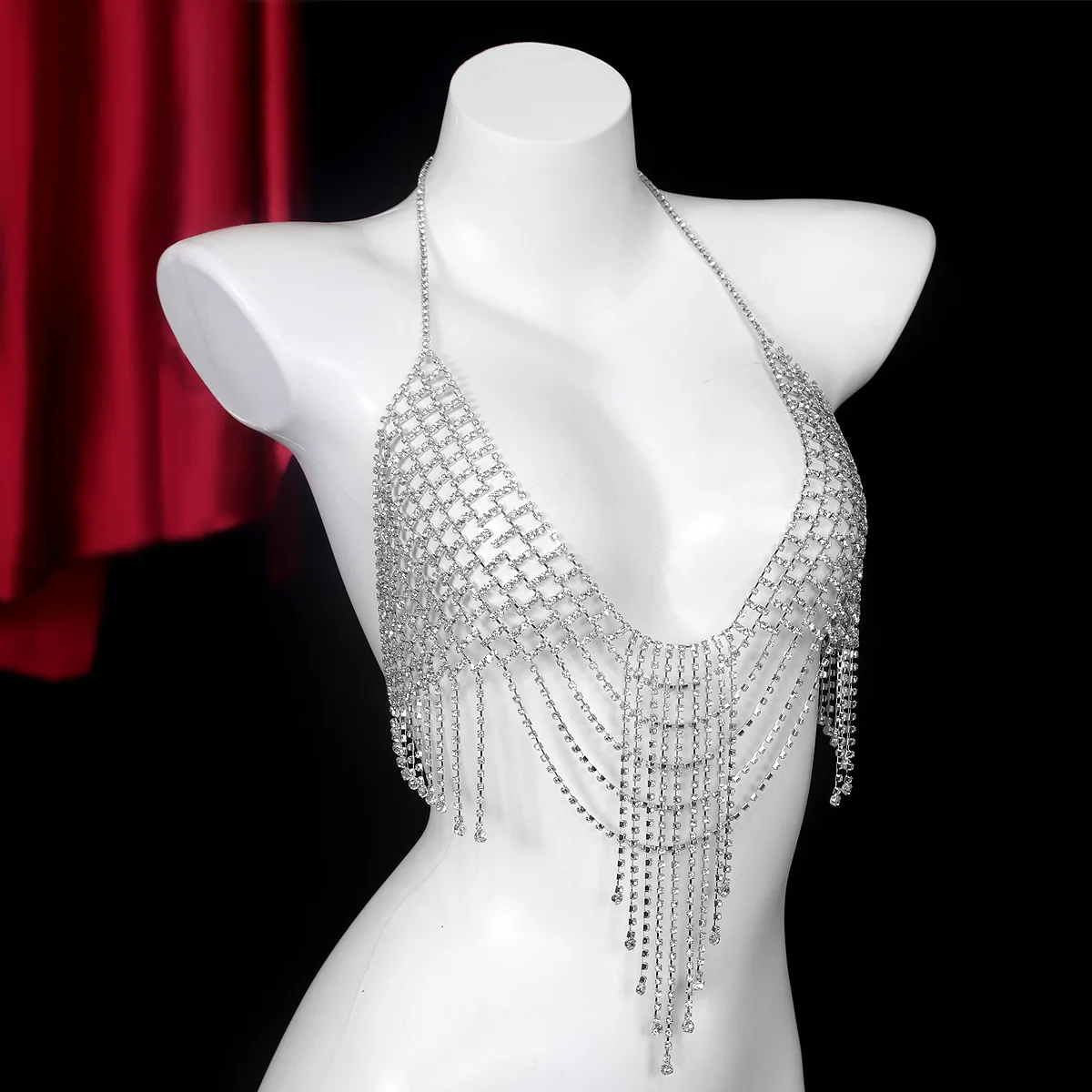 Cadena de pecho de diamantes de imitación con borlas de gotas de agua de rejilla de lujo, estilo de Bikini, cadena de cuerpo de club nocturno para mujer