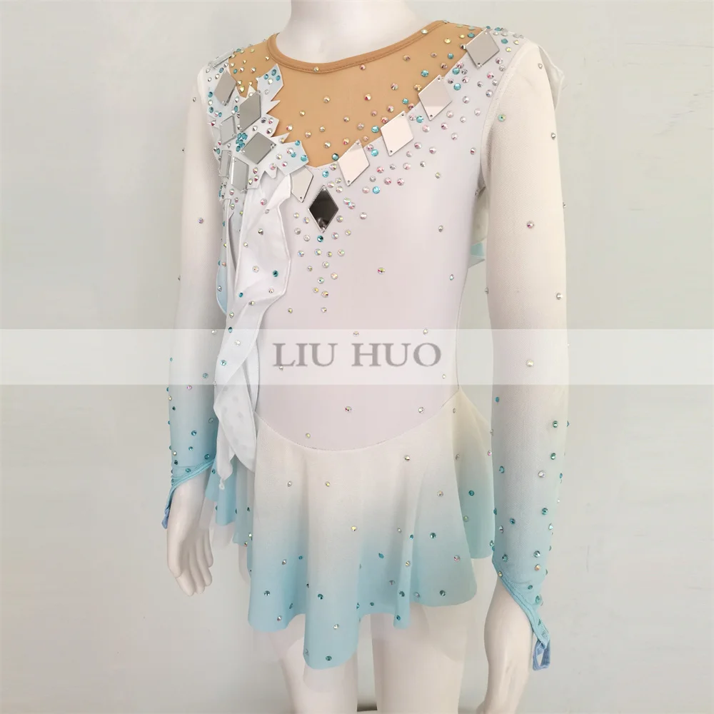 LIUHUO Ice Dance Figure Skating Dress Women Girl Teen Customize Costume Performance Competition Leotard Roller Light Blue Child