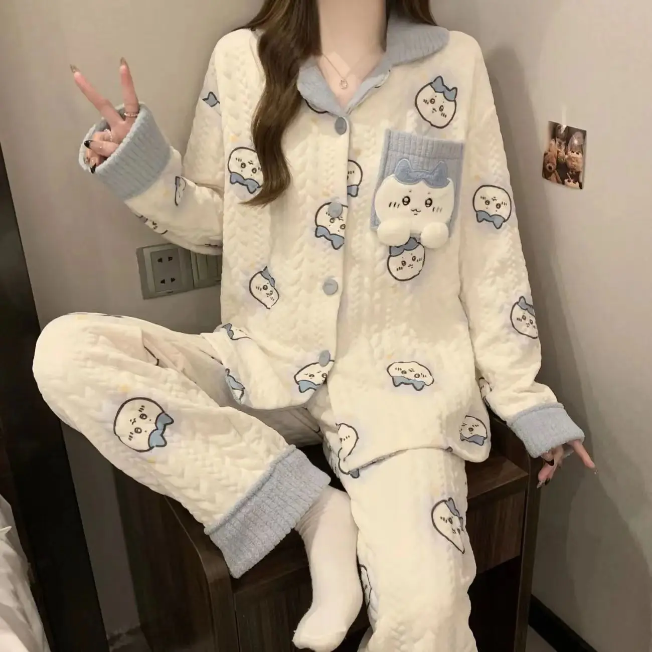 Chiikawa Cartoon Hachiware Air Cotton Sandwich Cartoon Pajamas Girls Autumn and Winter New Home Clothes Two-piece Set