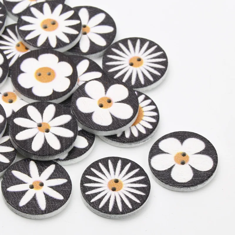 50pcs 15/20/25mm mix Flowers Wooden Round Buttons Accessories For Needlework Clothing Handicraft Scrapbook DIY Sew Decorative