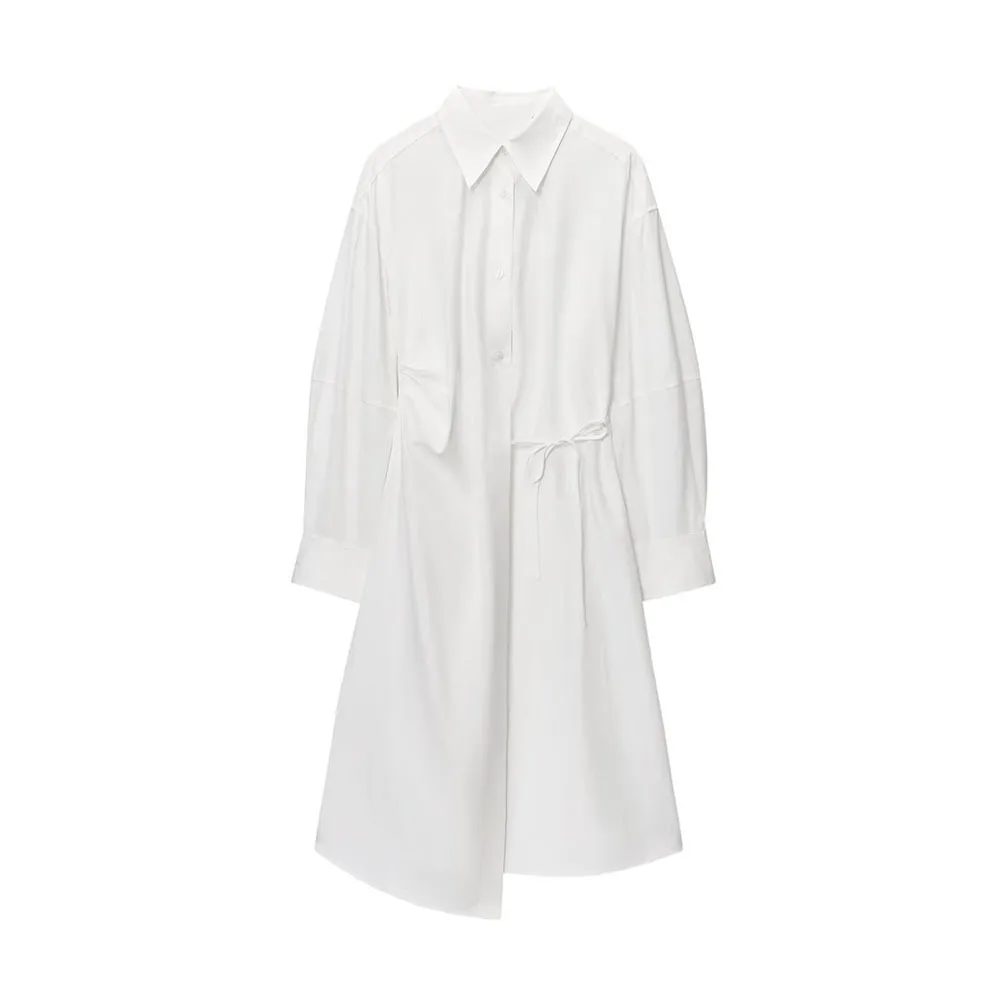 クロスボーダーライトマチュアラペルシングルブレストストラップシャツスタイルアシンメトリースカートドレス