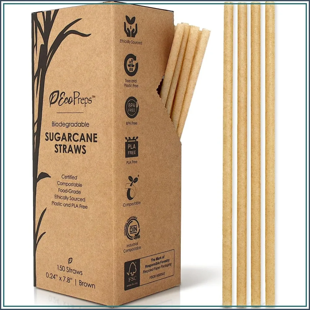 Eco-Friendly Sugarcane Straws, 150 Pack, Compostable & Plastic-Free, 7.8 Inch
