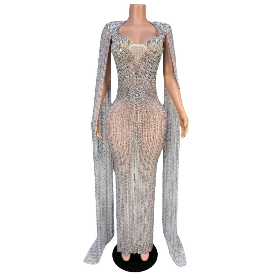 

Luxury Long Dress For Women Rhinestone Beaded Wedding Evening Prom Dressy Party Birthday Stunning Drag Queen Outfit