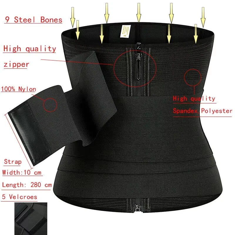 Zipper Waist Trainer Trimmer Corset Women Slimming Sheath Flat Belly Snatch Me Up Bandage Wrap Fitness Girdle Detachable Belt