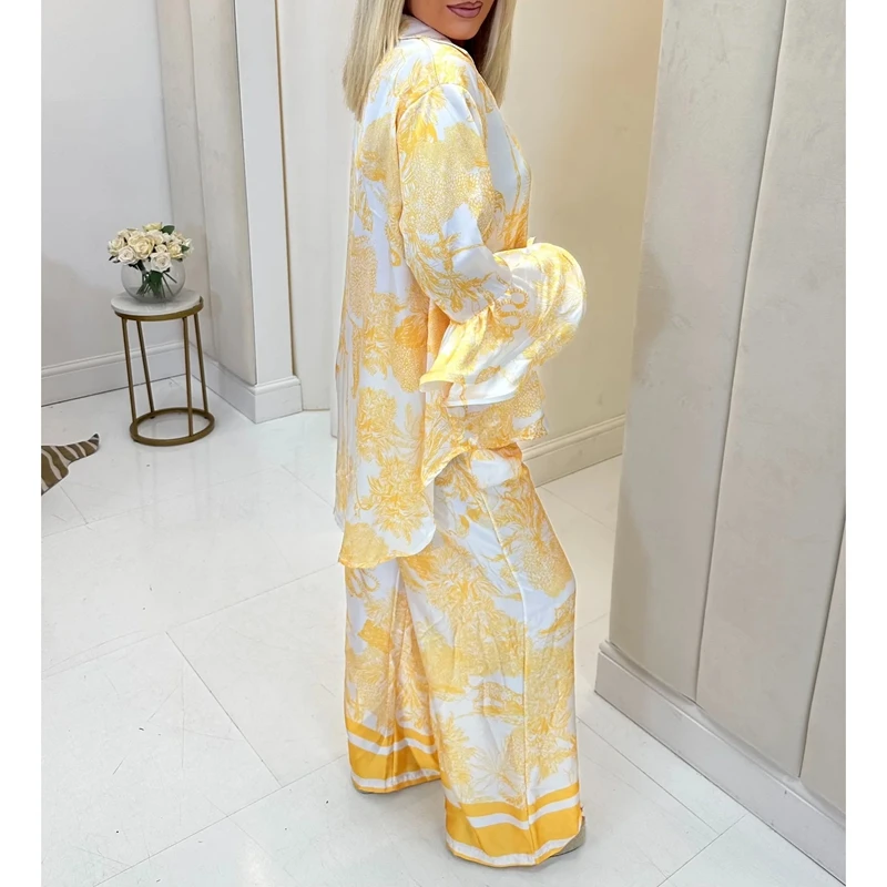 Combhasaki conjunto de roupas femininas de seda, 2 peças, estampa de árvore, babado, em camadas, manga comprida, camisa com botão + calças de cintura elástica