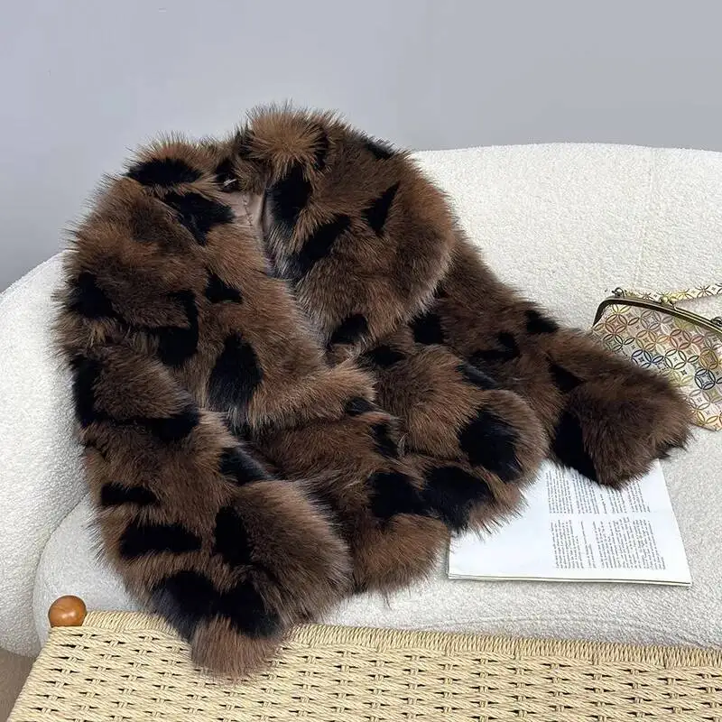 Cappotto di peluche da donna maniche lunghe giacca pelosa invernale moda di lusso capispalla soffici top leopardo pelliccia di volpe sintetica bavero sciolto