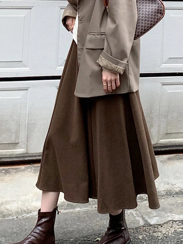 

plus Size Autumn Winter Long Woolen Skirt High Waist Conceal Meat Micro Fat Women Umbrella f Skirt Casual Loose Fit