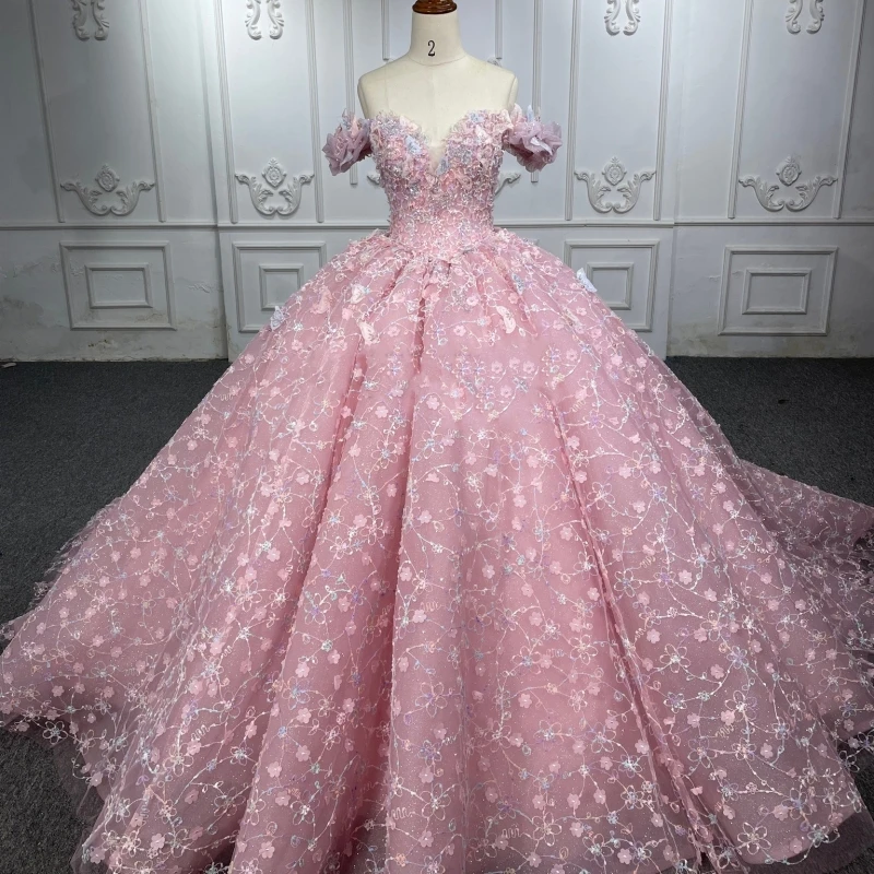 

Pink Shiny Princess Off the Shoulder Sweet 16 Dress Quinceanera Dresses Applique Lace Beading Tull Corset Party Birthday Vestido