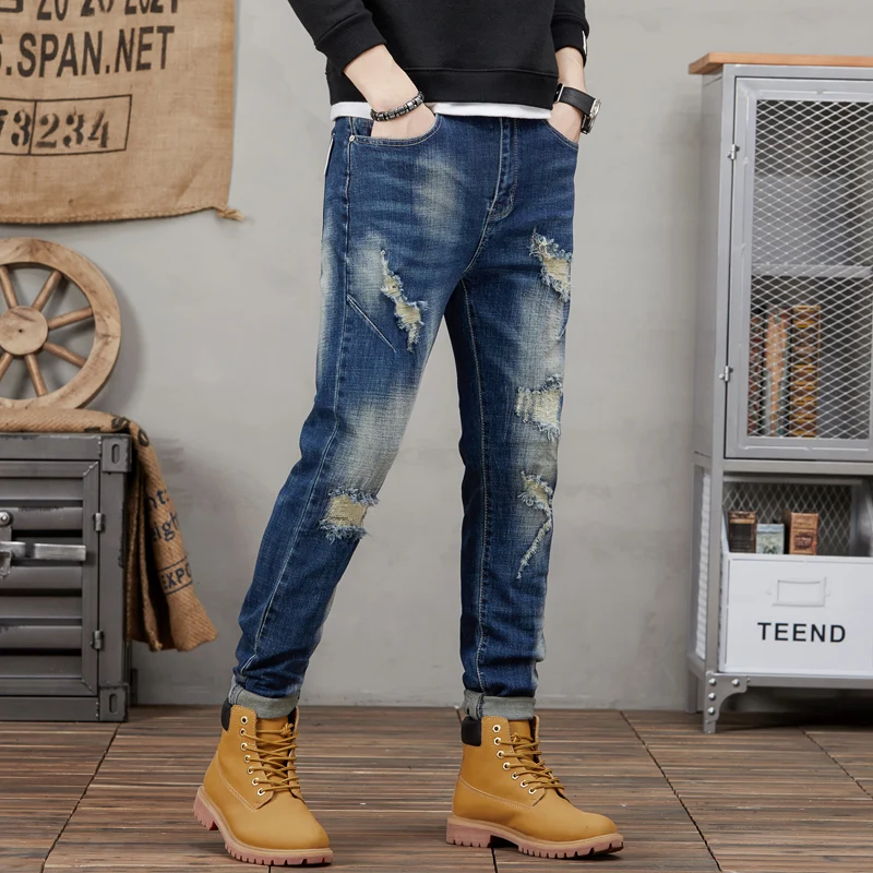 Spring and Autumn Jeans Men's High Street Nostalgic Straight Leg Elastic Jeans denim ripped  mens jeans  streetwear men
