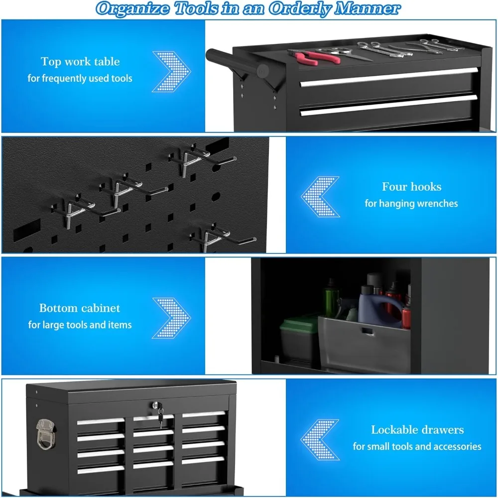 خزانة أدوات دوارة ذات 8 أدراج مع صندوق علوي محمول وتخزين قابل للقفل للمرآب #6