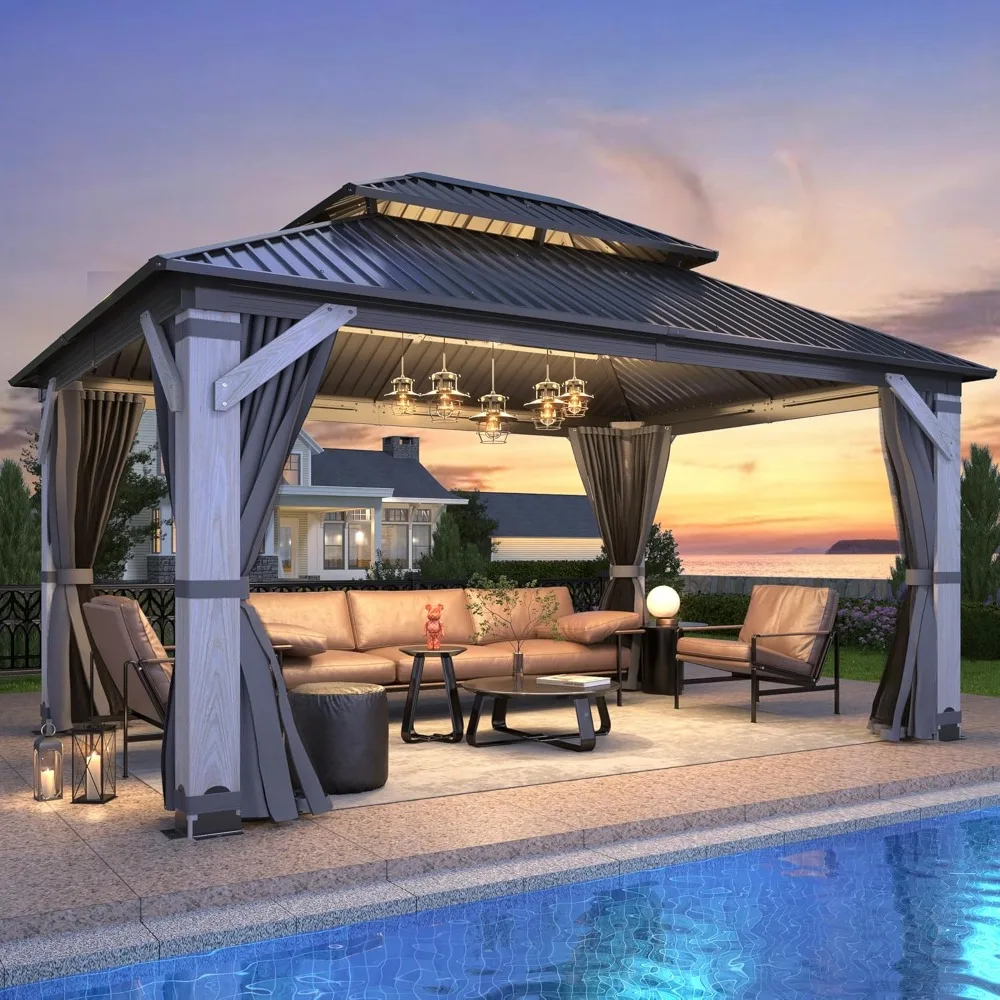 

Outdoor Wood Gazebo - Permanent Wooden Hardtop Gazebo Pavilion w/ Double Curtains, Galvanized Steel Roof Wood Gazebos for Garden
