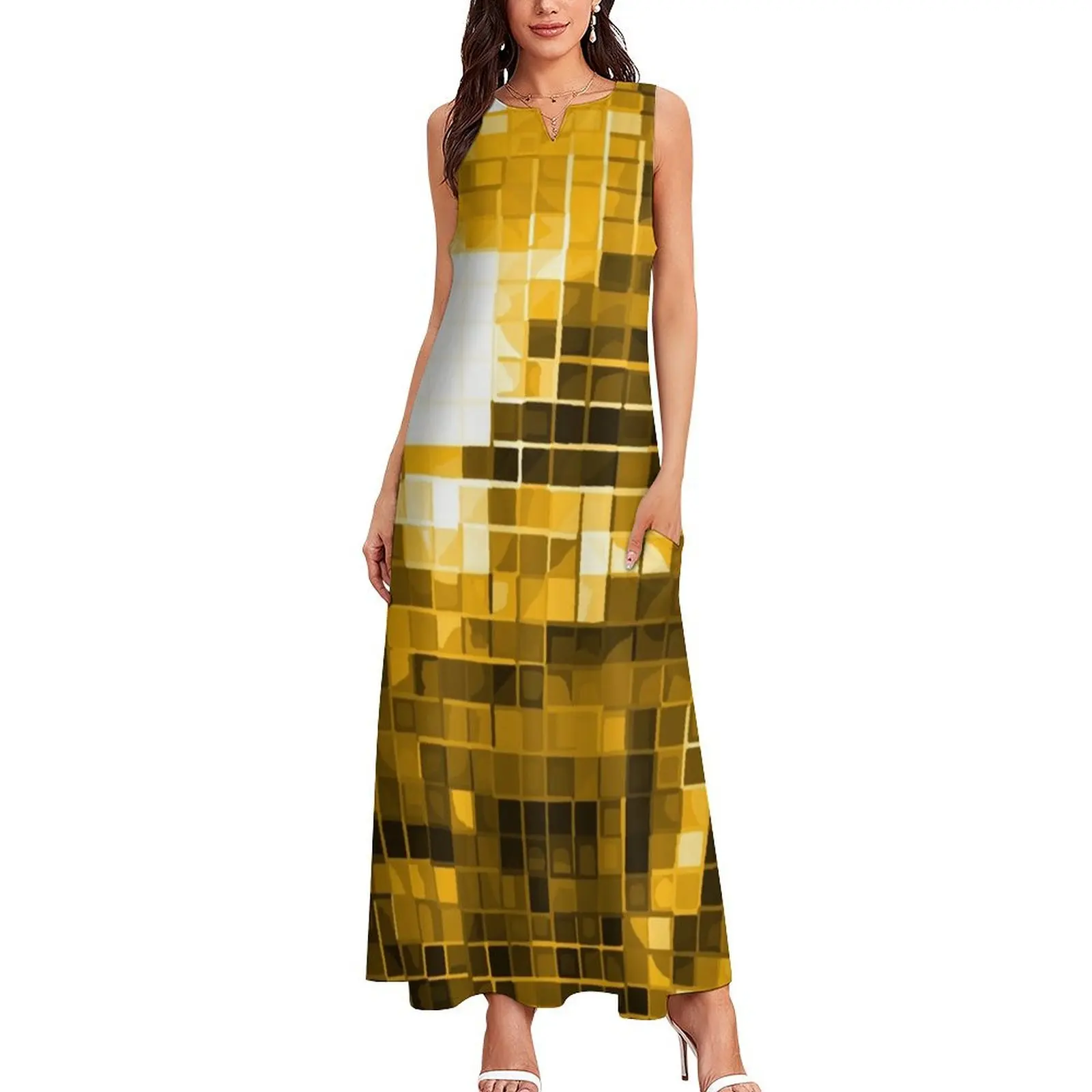 Gold Yellow Disco Ball Pattern Long Dress luxury women