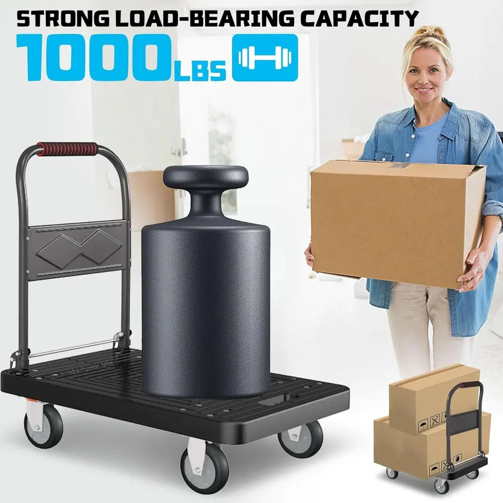 รถเข็นพับได้แบบหนักพร้อมล้อหมุน รับน้ำหนักได้ 1000 ปอนด์ ขนาด 34x22 นิ้ว สำหรับใช้ในบ้านและคลังสินค้า