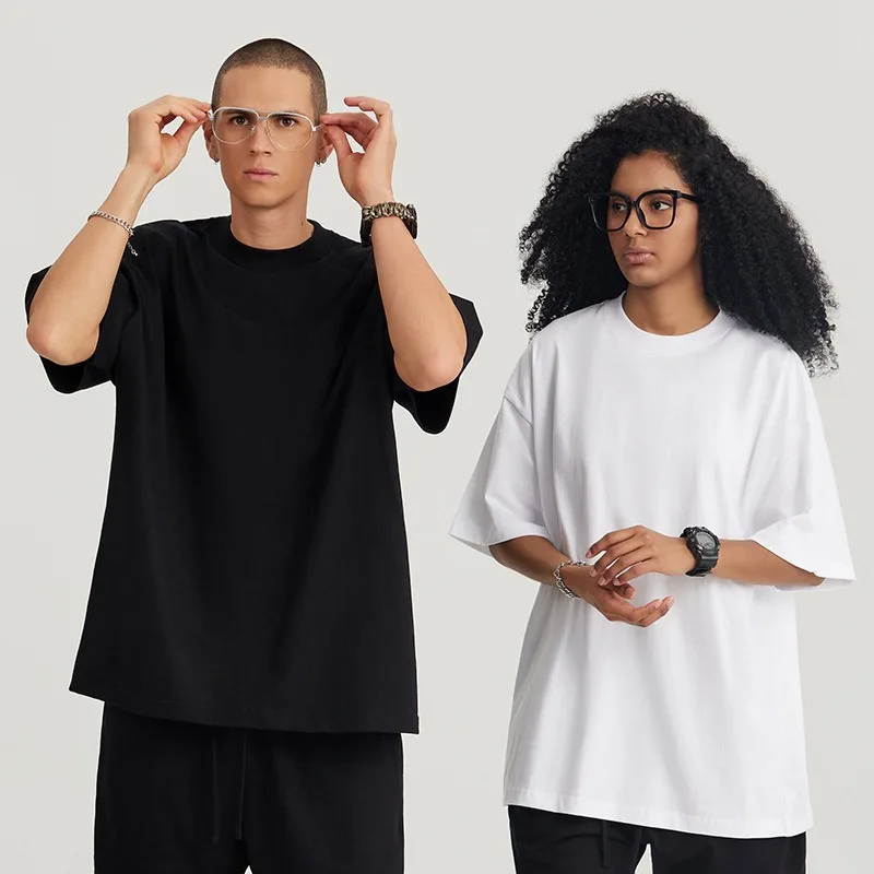 T-shirt pour homme en coton pur à col rond et manches courtes - Grande taille, T-shirt ample et tendance à épaules tombantes