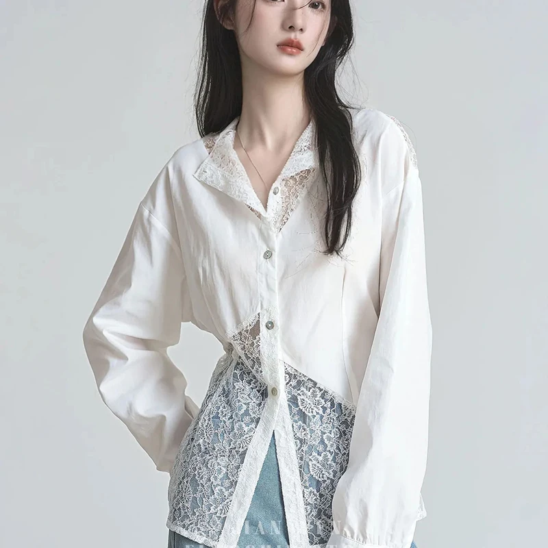 Koronkowe ażurowe bluzki damskie wiosna jesień długi rękaw patchworkowa seksowna bluzka francuska elegancka luźna codzienna szykowna biała koszula damska