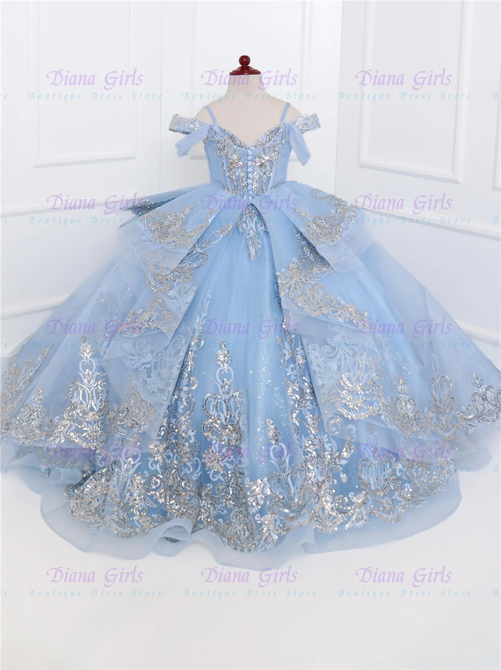 New 2026 Gorgeous Sky Blue Tulle Fluffy Flower Girl Dress Quality Appliques For Wedding Birthday Party Evening Customised Gowns