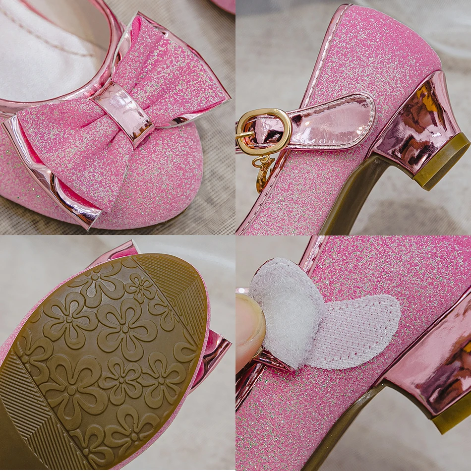 Children Classic Bow High Heel Glitter Crystal Sandals Girls Fashion Sequin Princess Dance Shoe Kids Performance Leather Shoes