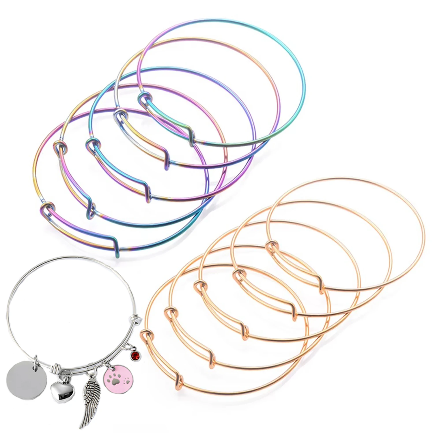 10pcs/lot Wholesale Higt Quality Stainless Steel DIY Charm Adjustable Bangle Bracelet  3 Color Expandable Wire Bangles