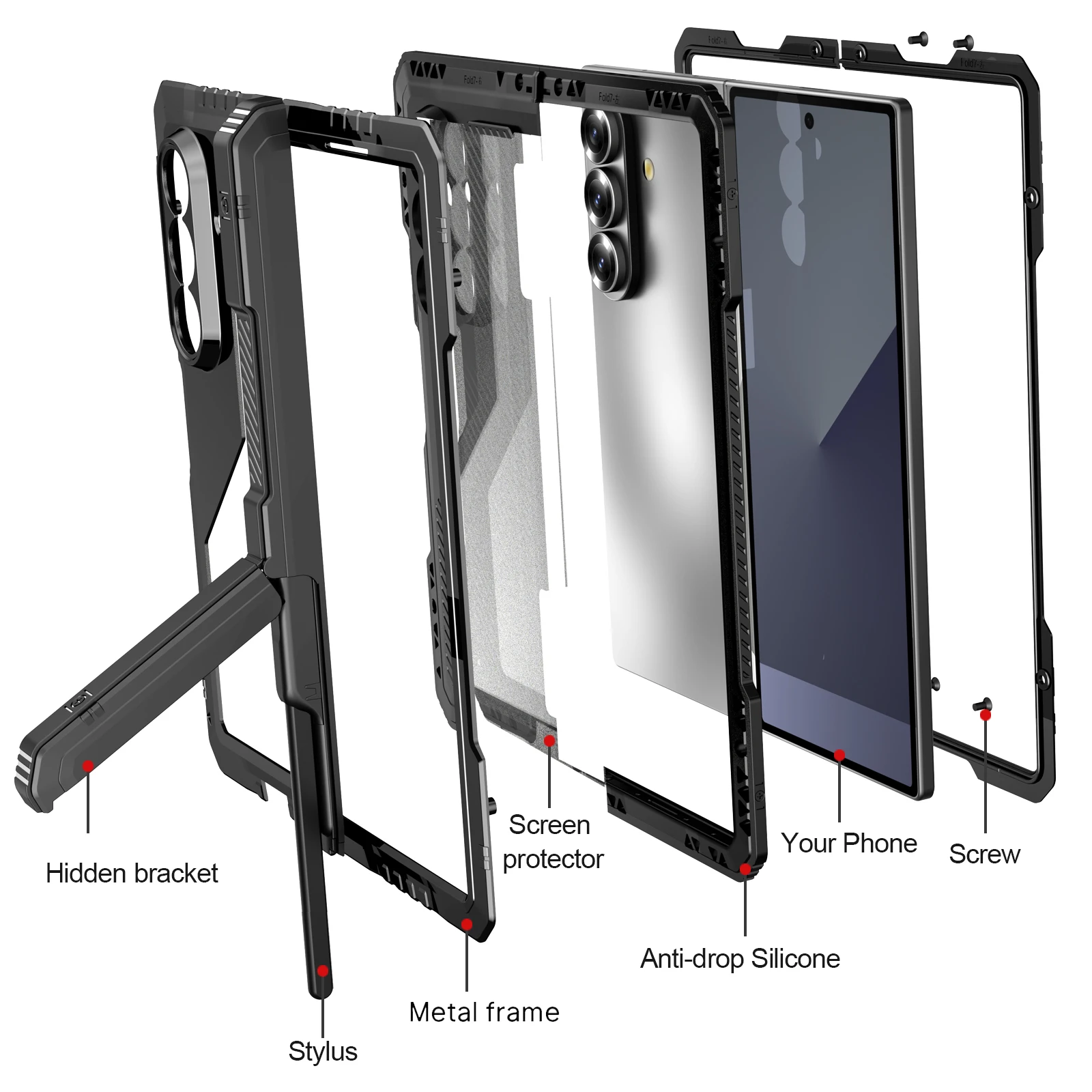 Wytrzymałe etui Super Armor do Samsung Galaxy Z Fold7, 8, 6, 5, 4 – silikonowe, z elementami z aluminium, zapewniające pełną ochronę, z funkcją składanej podstawki, odporne na wstrząsy. — zdjęcie produktu 2