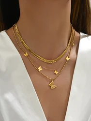 1PC 18k gold-plated titanium steel necklace with three layers of butterfly decoration fashion popular jewelry gift party