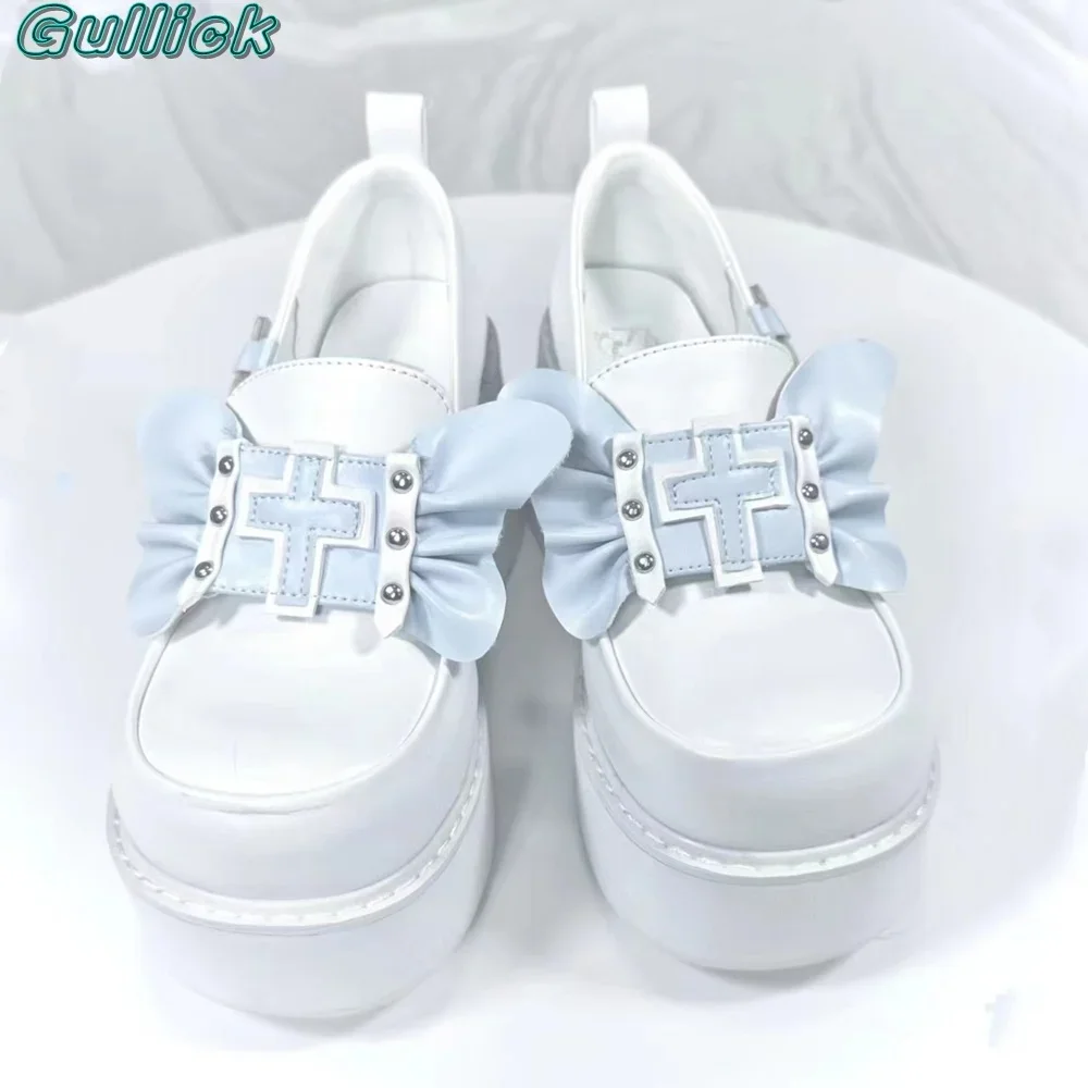 Gullick 나비 펌프스 여성용 신발 리벳, 둥근 발가락, 두꺼운 힐, 솔리드 커버 힐, 높이 증가, 레저 시간 아웃웨어 신발