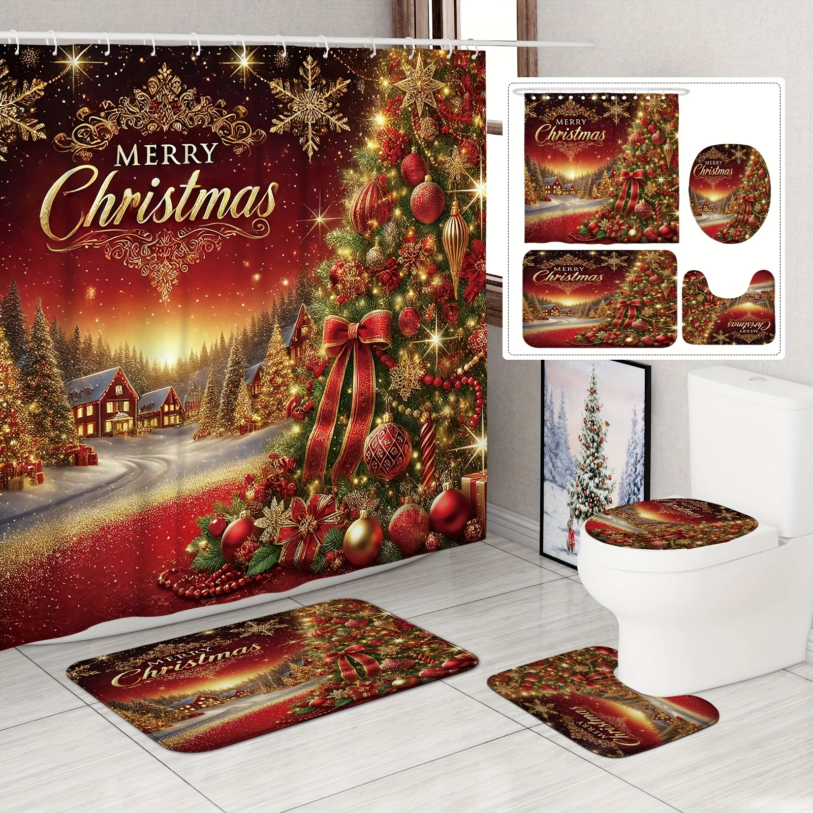 4Pcs Luxury Christmas Shower Curtain Set, Red Green Golden Polyester Washable Unlined, 12 Hooks with Non-slip Mat & Toilet Cover