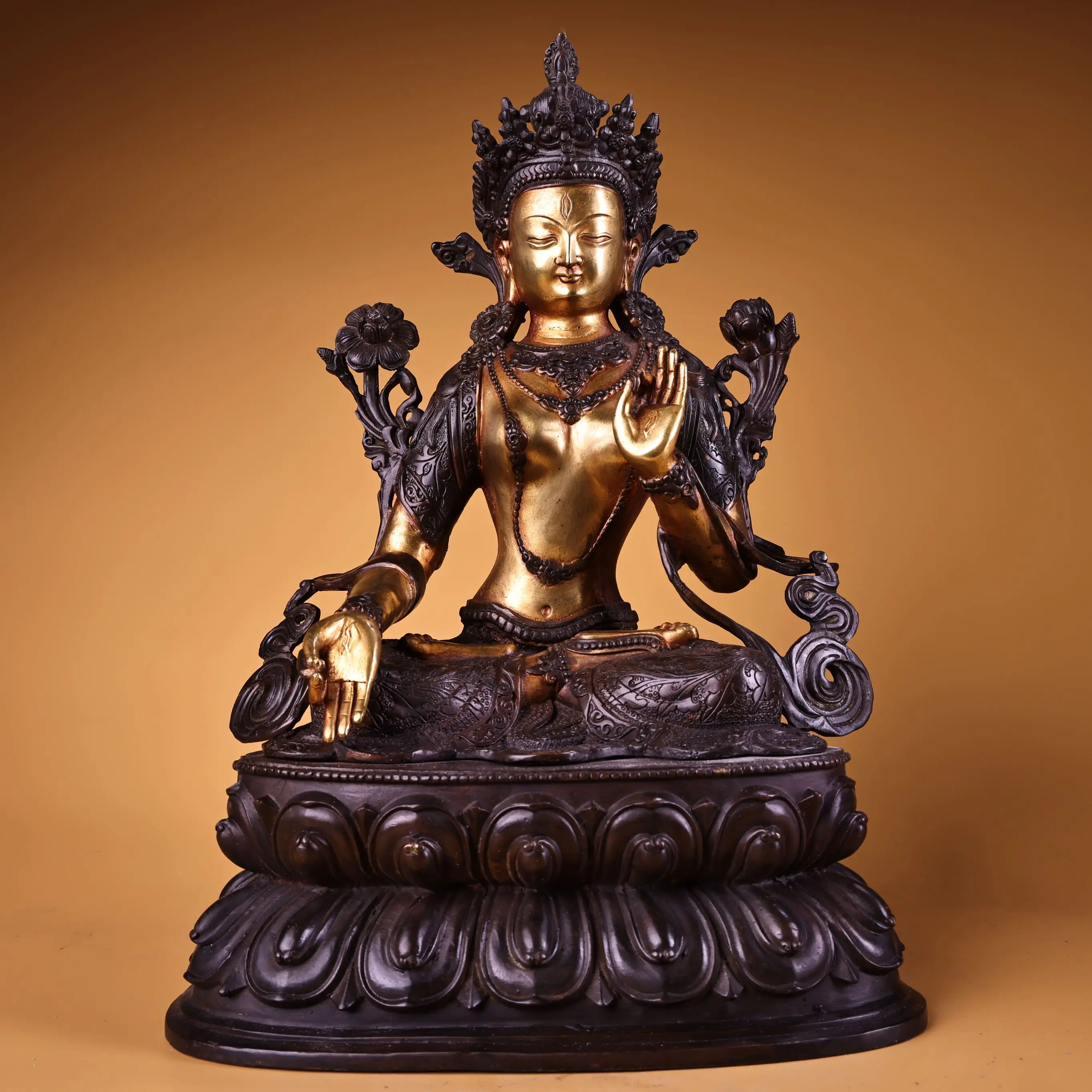 

18"Tibetan Temple Collection Old Bronze Gilded High Relief Cinnabar White Tara Sitting Buddha Lotus Terrace Worship Hall