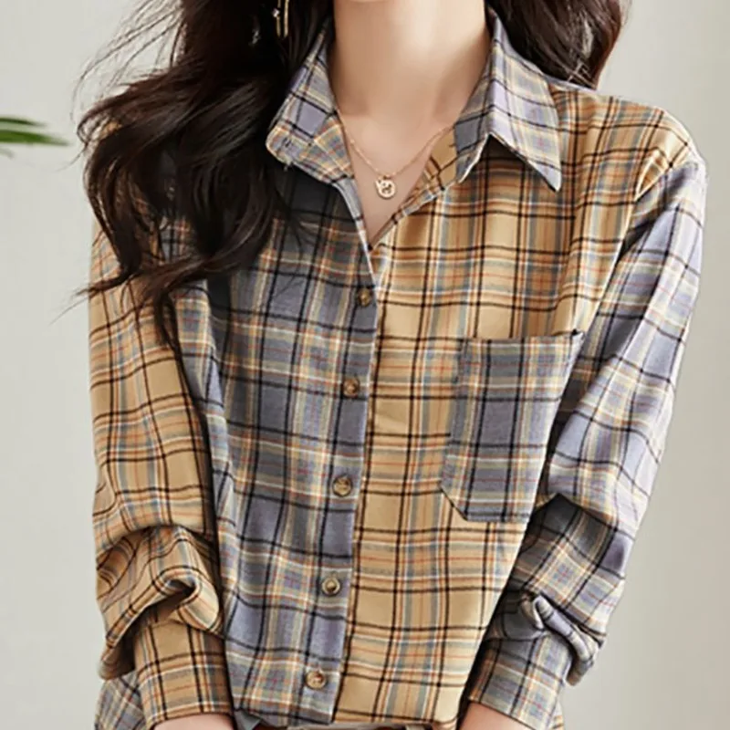 Spring Autumn Women\'s Turn-down Collar Plaid Striped Solid Pocket Button Cardigan Long Sleeve Shirt Coats Fashion Casual Tops