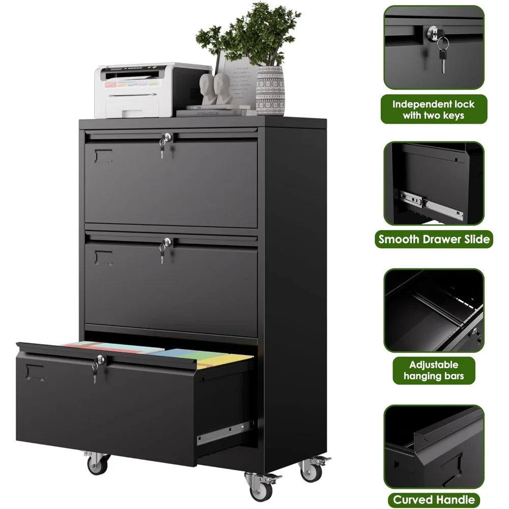 Lockable Metal Lateral File Cabinet with Wheels for Home Office, Legal/Letter Size, Black, Storage Solution