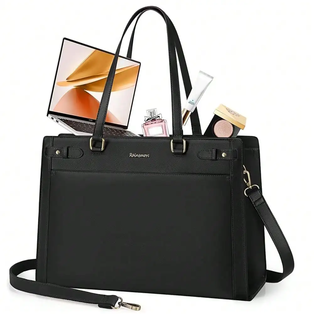Laptop Bag For Women 15.6 Inch PU Vegan Leather Work Tote Bag Waterproof Womens Briefcase Designer Computer Bags For Office Teacher College Travel Large Tote Purse Professional Black
