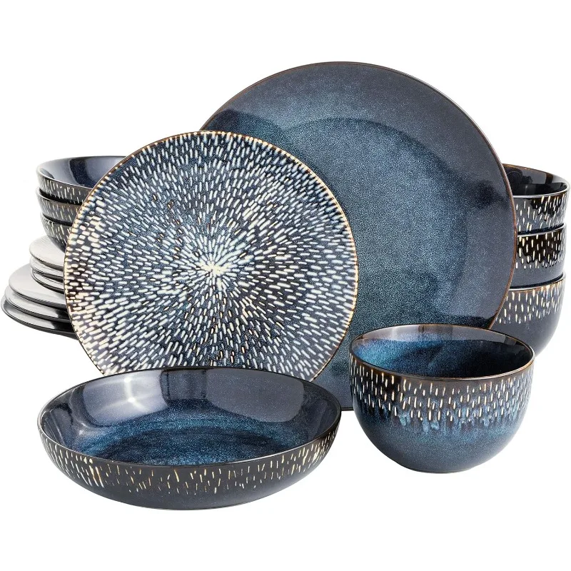 Matisse 16 Piece Double Bowl Dinnerware Set, Cobalt Blue, Service for 4 (16pcs)