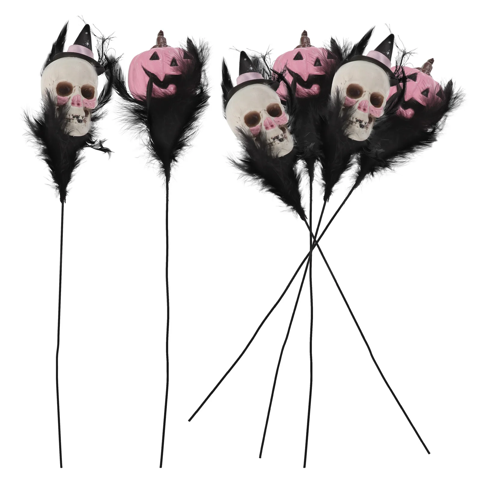 

6pcs Halloween Floral Stems Black Feathered Pumpkin Skull Head Picks Diy Spooky Table Centerpiece Reusable Party Decorations