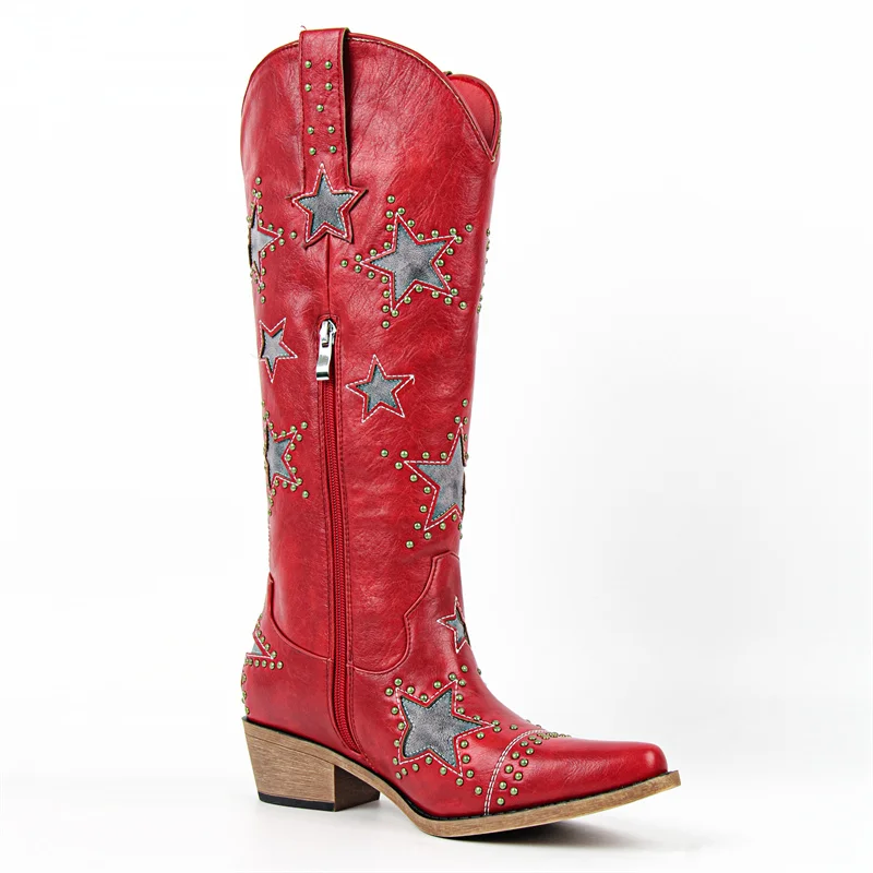Onlymaker Vintage Red  Star Rivet Decor Western Cowboy Boots Pointed Toe Chunky Block Heel Side Zipper Shaft Festival Tall Boots