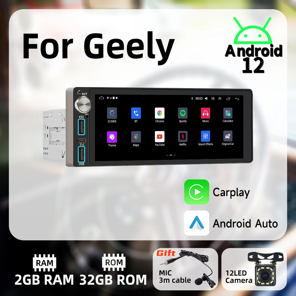 

Carplay Android Auto 1 Din Radio Android Car Multimedia for Geely 6.86" Screen Stereo Head Unit Autoradio GPS Navigation BT Wifi