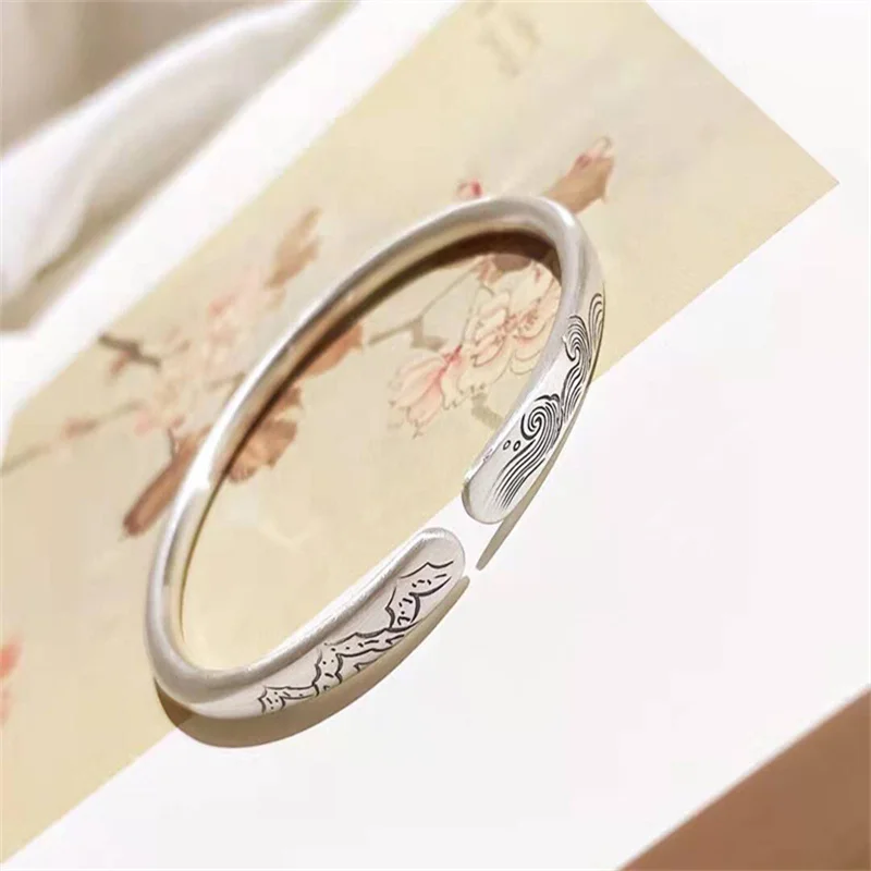 Till Mountains Wear Away Seas Run Dry 999 Sterling Silver Couple Bracelet Ladies Men Open Adjustable Mountain Wave Carved Hypoal