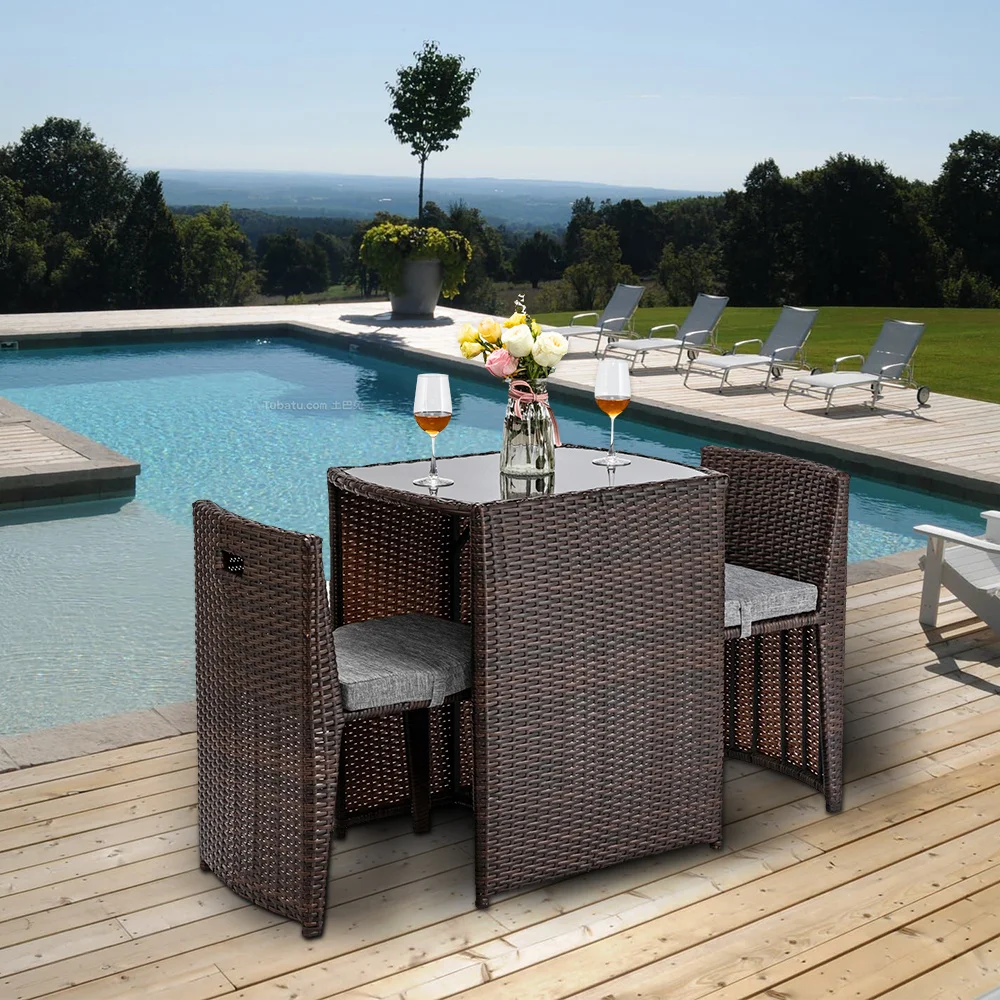 Outdoor Patio Furniture Set 3PCS Rattan Wicker Bistro Set with Glass Top Table 2 Chairs Space Saving Design Brown