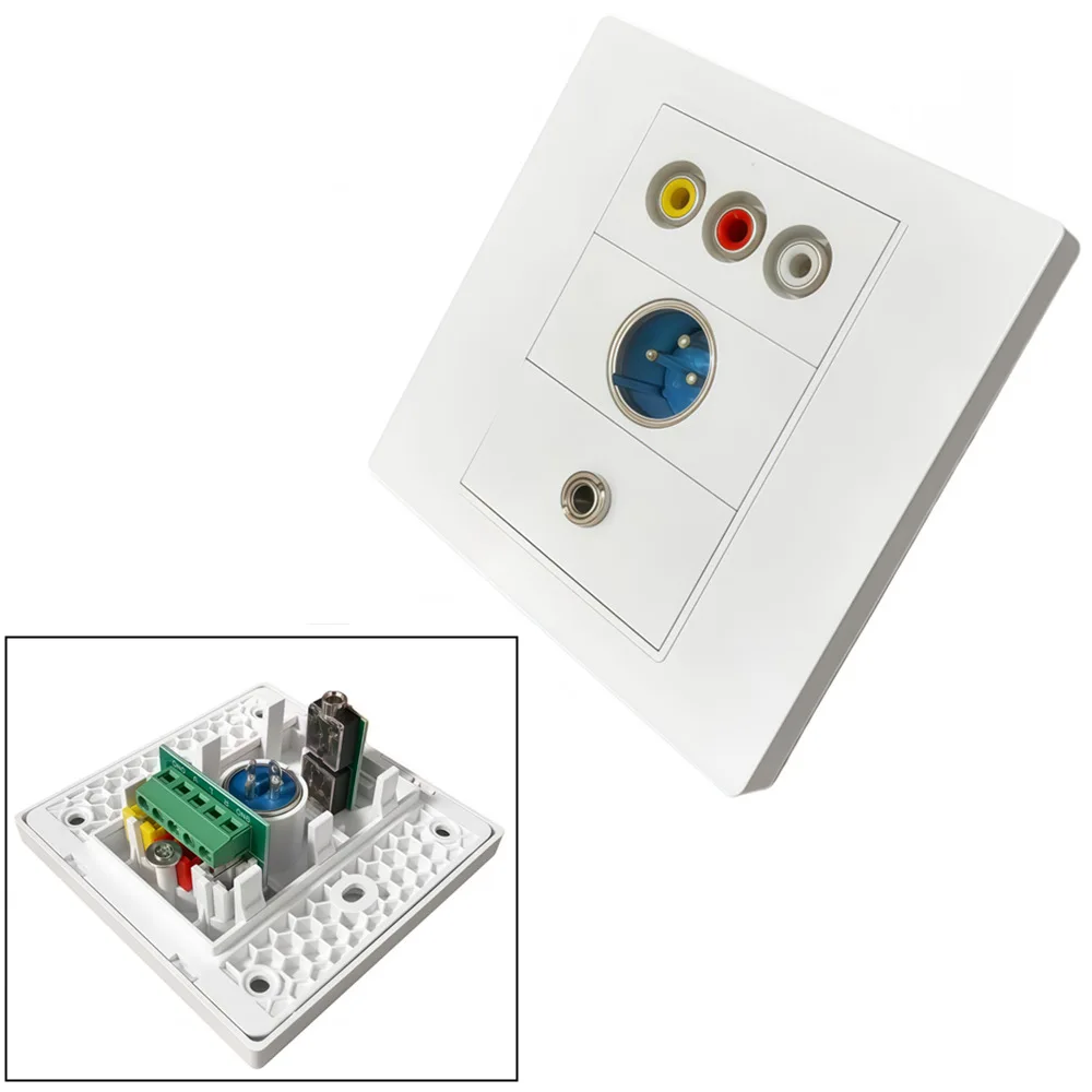 86mm Pro 6.35/3.5 XLR 3RCA Female Home TV AV Wall Outlet Video Socket Face Plate White ABS;