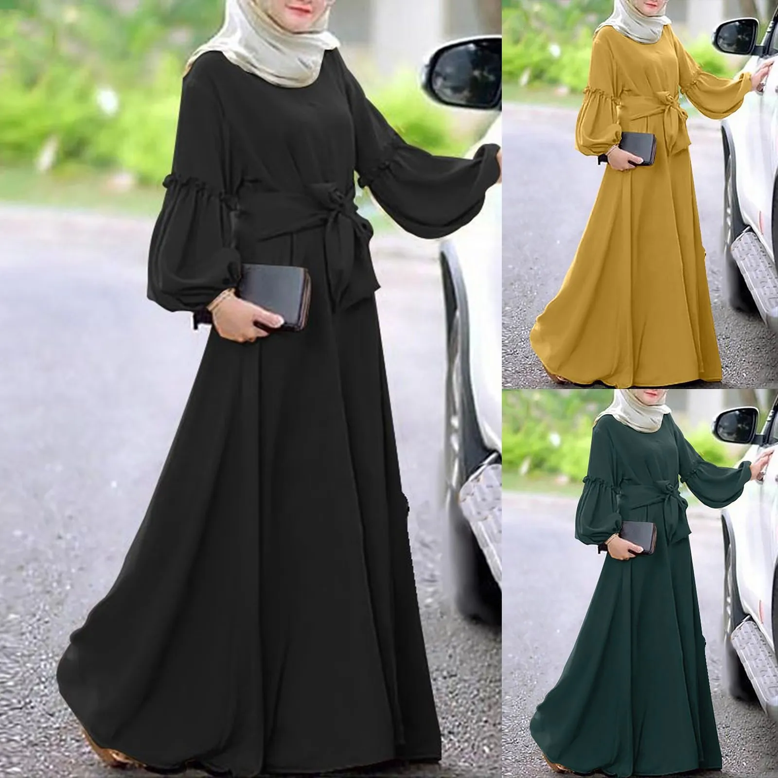 

Elegant Stand Collar Maxi Vestido Women O Neck Long Lantern Sleeve Dresses Fashion Waist Belted Robe 2024 Spring Casual Dress