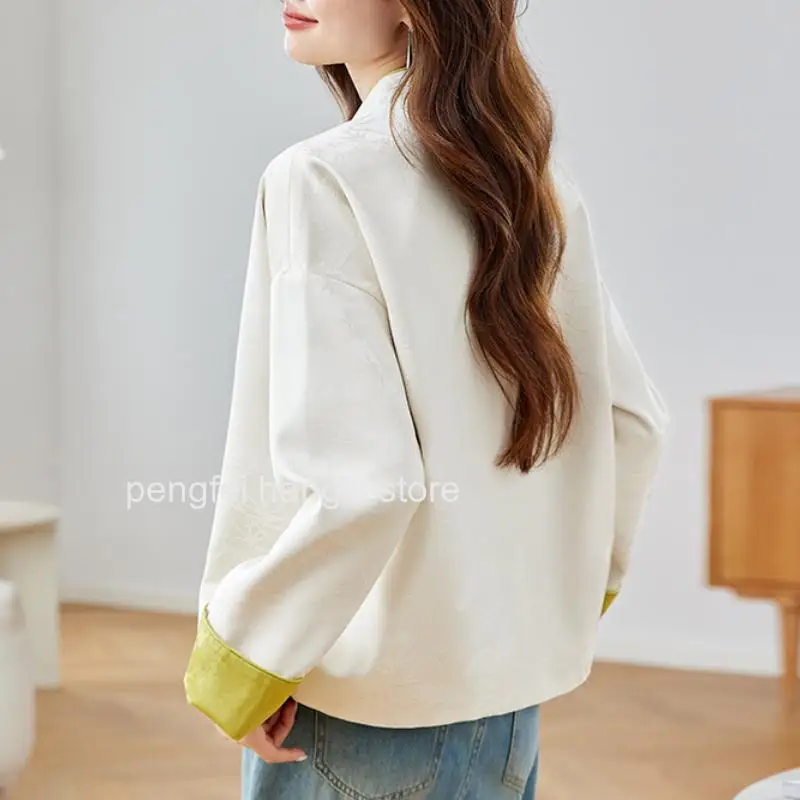 Women Reversible Satin Jacquard Chinese Style Coat Mandarin Collar Vintage Button Long Sleeve Blouse Casual Jacket Clothes