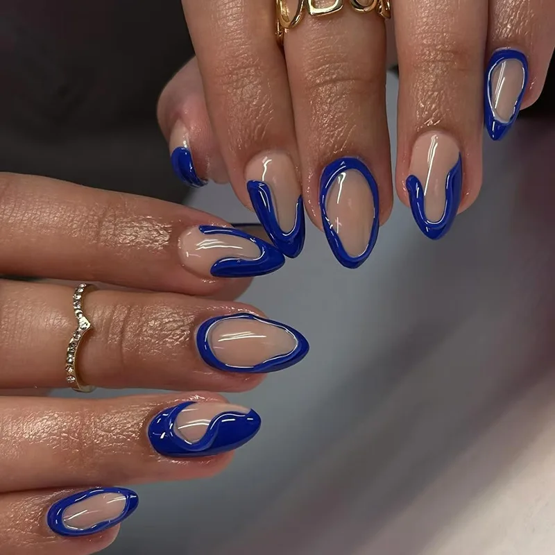 24Pcs Short Round Head Nails Set Press on 3D Blue Irregular French Design False Nails Simple Wearable Full Cover Fake Nails Tips