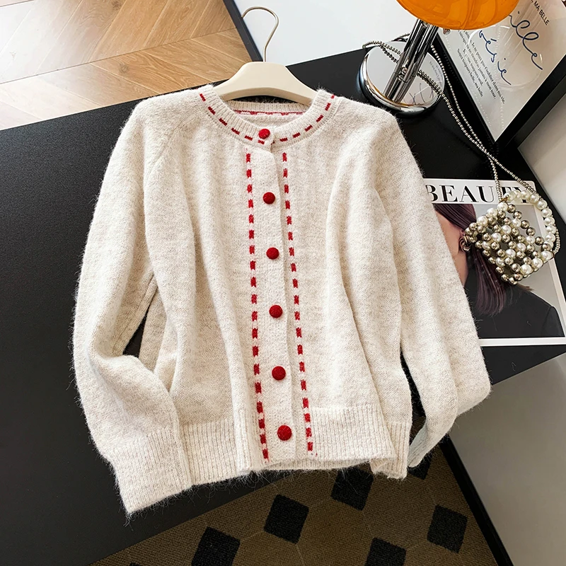 

Мягкий уютный корейский винтажный круглый вязаный свитер для женщин, зимнее трикотажное пальто из искусственного бархата на пуговицах Jaet