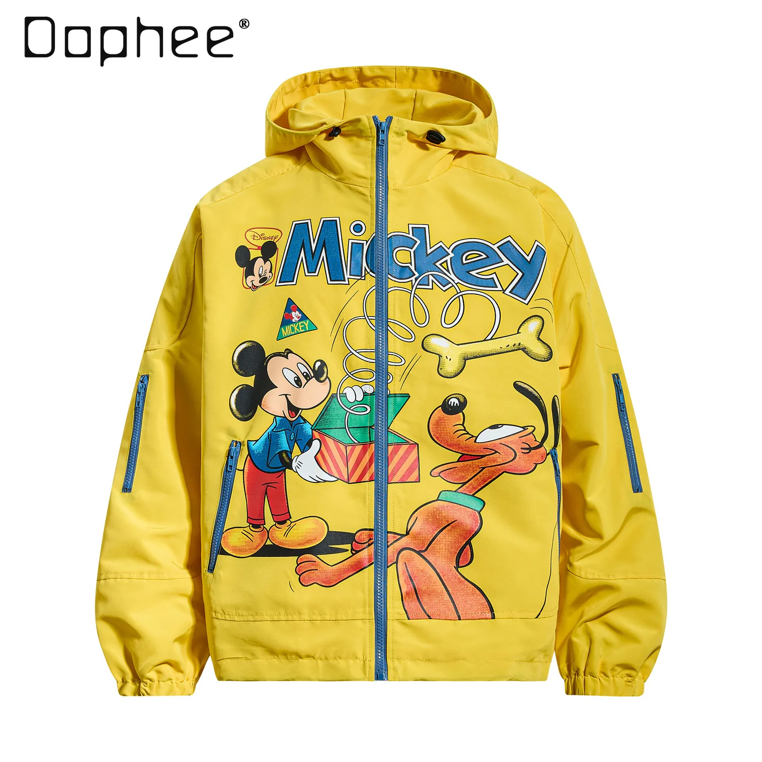 

American Retro Cartoon Print Hooded Jacket for Men and Women, Spring and Autumn Yellow Casual Versatile Couple BF Jacket
