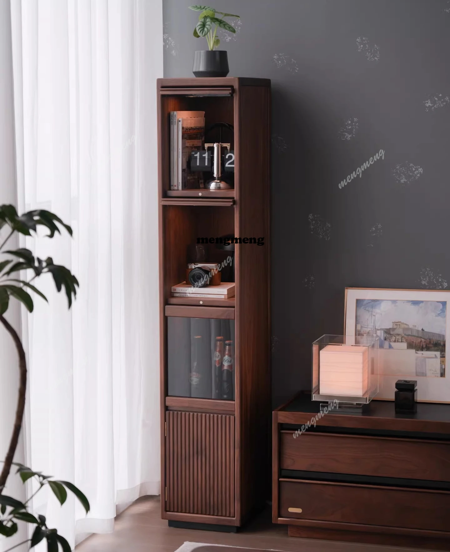 

Книжный шкаф из массива дерева, узкий шкаф для хранения с дверцами, напольная полка, пристенный шкаф из черного ореха