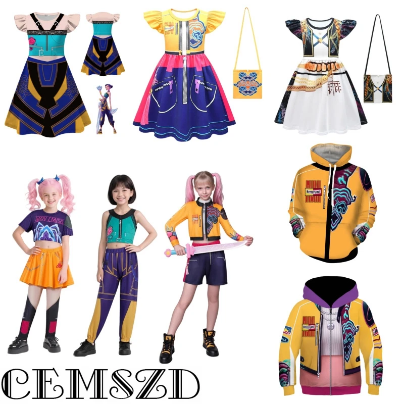 

HUNTR/X KPop Demon Hunters Baby Cosplay Mira Rumi Zoey Dress Two-Piece Set Anime Cartoon Shoulder Bag Halloween Costume 100-160