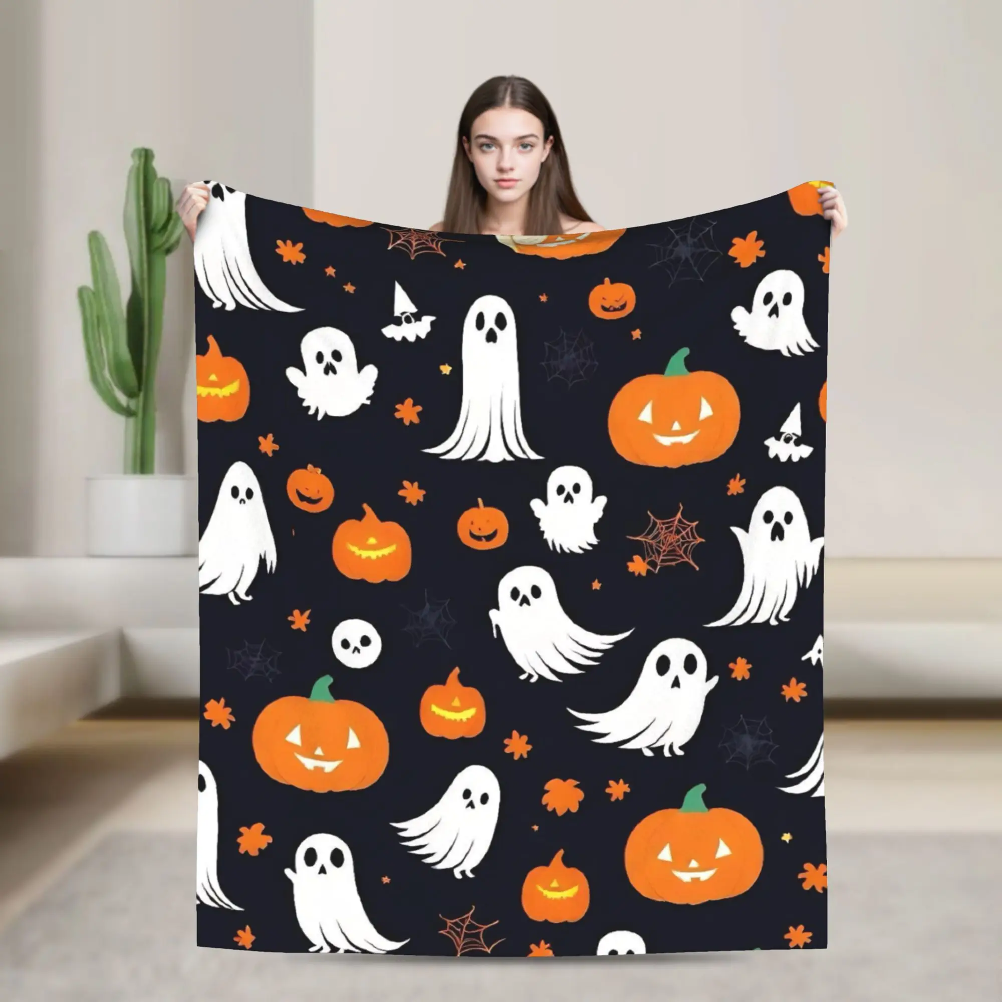 Super Soft Halloween Ghost Pumpkin Spooky Trick Or Treat Witch Throw Blanket Premium Flannel Fleece Lightweight  Bed Blanket