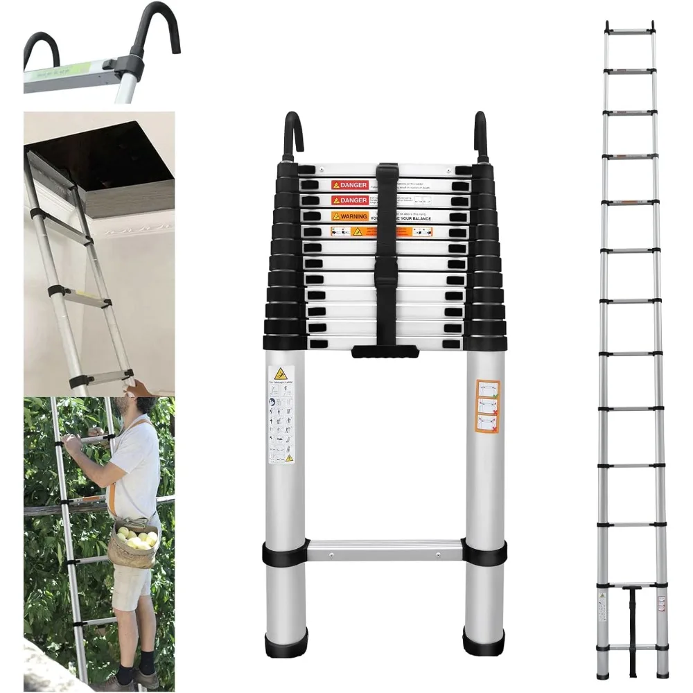 

Telescoping Ladder 16FT Aluminum Telescoping Extension Ladder with Roof Hooks, 2.8Inch Detachable Hooks Prefect for Home Or Outd