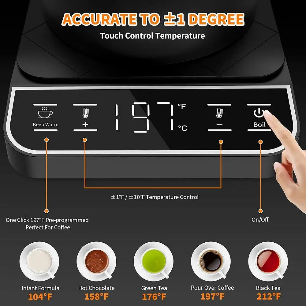 غلاية كهربائية معقوفة للتحكم في درجة الحرارة 197F صب فوق القهوة والشاي غلاية الماء الساخن شاشة ديجيتال من الفولاذ المقاوم للصدأ