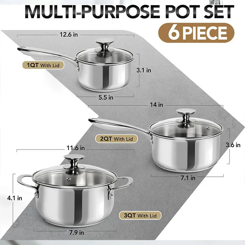 3 قطعة أوانٍ من الستانليس ستيل ومقلاة مجموعة مع أغطية 1QT 2QT 3QT غير لاصقة المطبخ التعريفي قدرات طقم حلل استانلس ستيل غسالة صحون آمنة #4